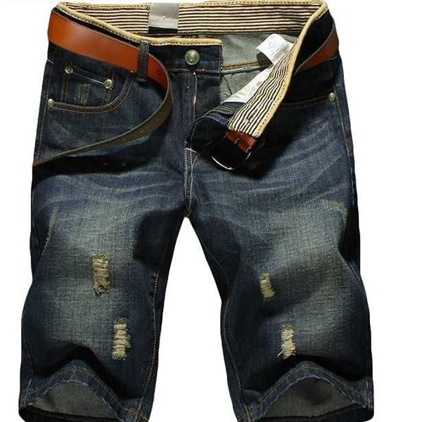 

hole men's summer big jeans men's trend straight 5-point pants loose beach pants, Black