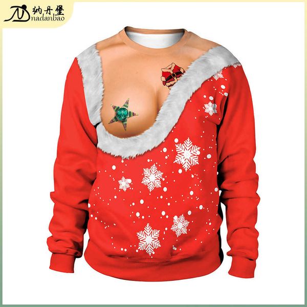 

new clothes sell well, spoof open chest digital printing round neck couple's sweater, Black