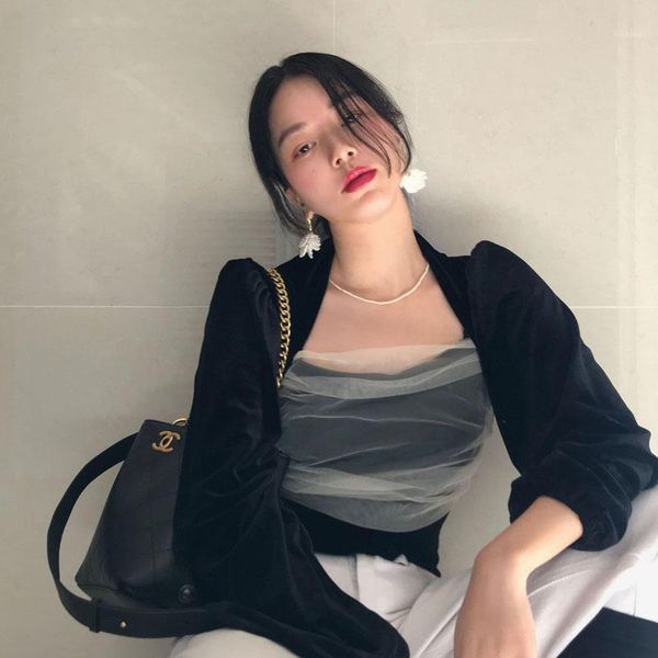 

autumn and winter french collar bubble sleeve velvet shirt jacket women's blouses & shirts, White
