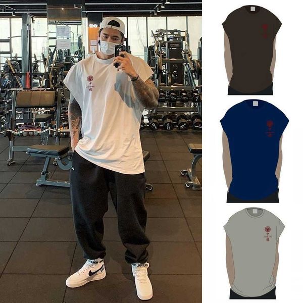

guochao fitness vest cantilevered sleeveless t-shirt men's muscle fitness running equipment training clothes sportswear summer cotton, White;black