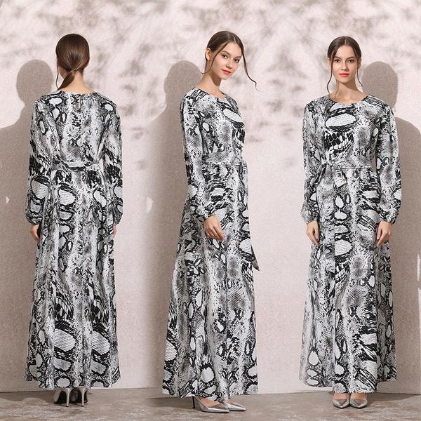 

ethnic clothing leopard snake long dress with belt dubai loose abaya kaftan turkish muslim serpentine printed ladies robe, Red