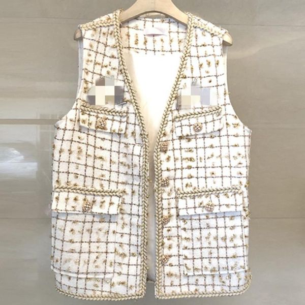 

women's vests plus size 4xlspring autumn women beading plaid tweed vest coat small fragrance sleeveless woolen jacket waistcoat, Black;white