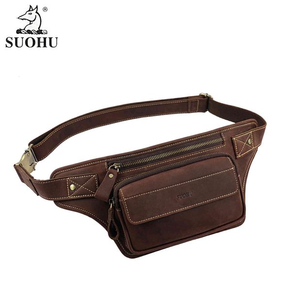 

pockets suohu leather men's fashion crossbody bag crazy horse brand belt mobile phone waist