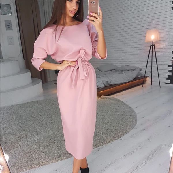 

2021 women v neck button autumn ladies sashes seven sleeve casual office new fashion elegant midi vintage eoqb, Black;gray