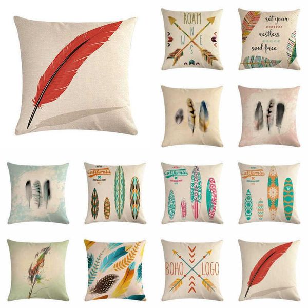 

cushion/decorative pillow 18 inch feather design linen cotton throw case cushion cover home sofa decor