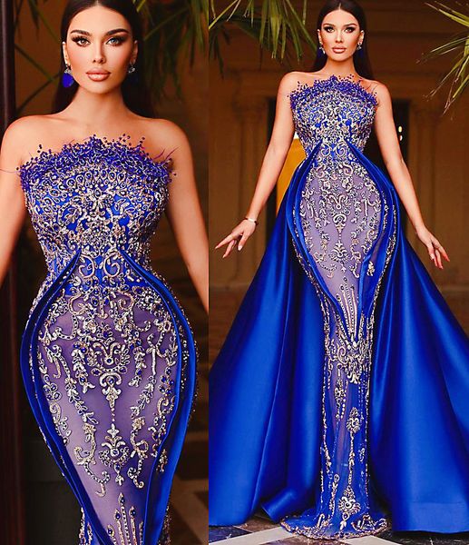 2022 Plus Size Arabo Aso Ebi Royal Blue Mermaid Prom Dresses Cristalli di perline Sera Festa formale Secondo ricevimento Compleanno Abiti di fidanzamento Abito ZJ744
