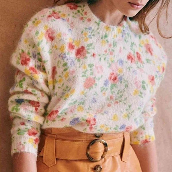 

women's printed vintage round neck long sve sweater, women's knitted clothing, spring 2021, White;black