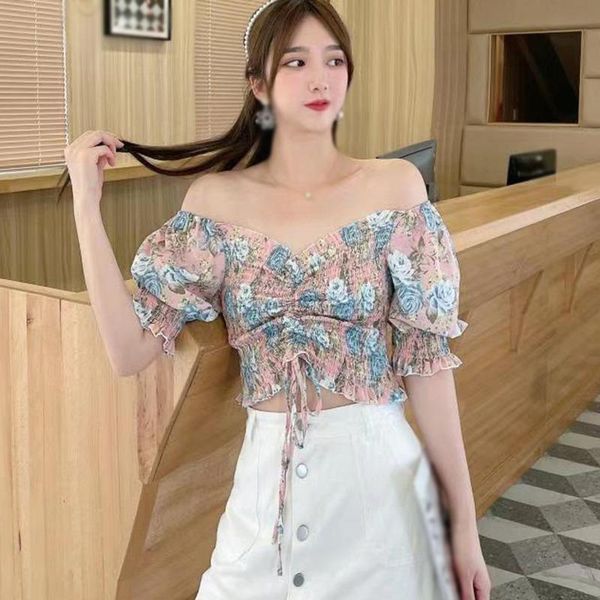 

women's blouses & shirts crop summer square collar short sleeve women sweet pleated floral print chiffon shirt, White