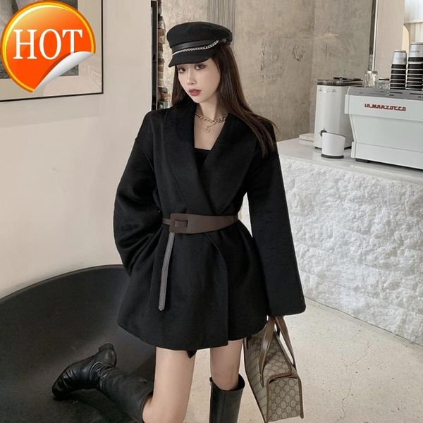 

women's wool & blends hepburn black coat for women small medium length, autumn winter show thin temperament, close waist woolen suit th