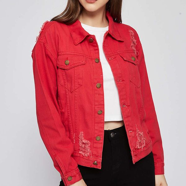 

denim jacket autumn winter perforated red women's wear, Black;brown