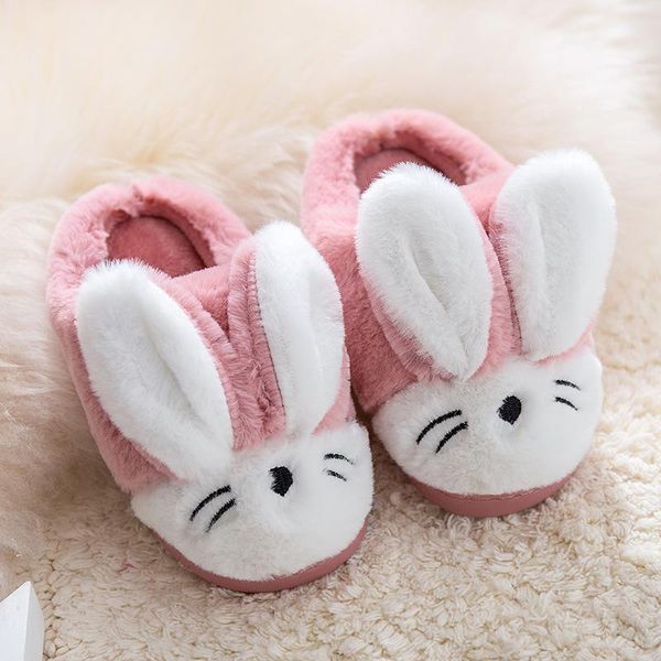 

slipper winter kids slippers warm cute cartoon rabbits girls plush boys flip flops baby children home floor shoes fur slides, Black;grey