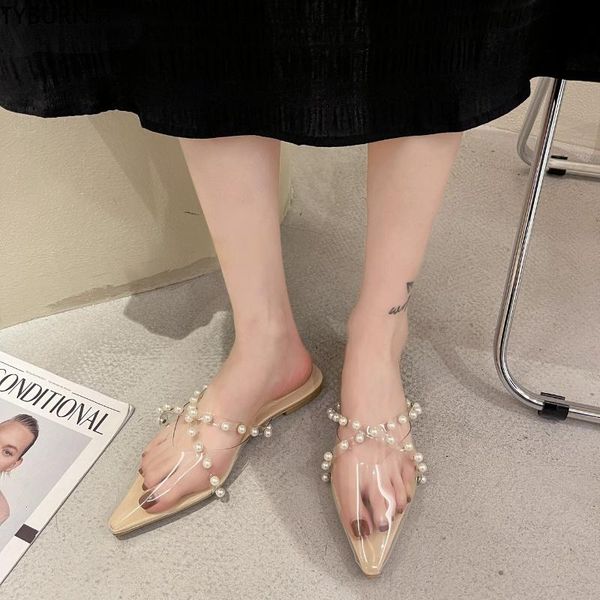 

slippers women pearl pointed low heel half spring summer fashion outdoor casual beach slides sandals mules 2021, Black