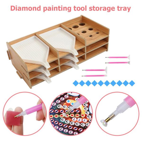 

multi-layer rack wooden storage tray diamond painting tool mosaic stablility drill pens art crafts gifts for adults, Black