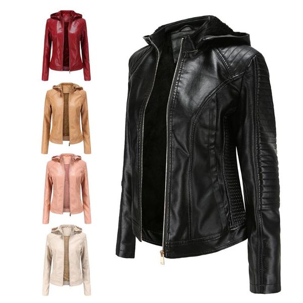 

women's leather & faux kalenmos detachable hoodies jacket women long sleeve autumn winter coat female jackets pu clothes abrigo mujer p, Black