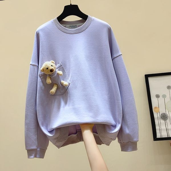 

2021 autumn winter new bear loose o neck solid full sweatshirt women 3udy, Black