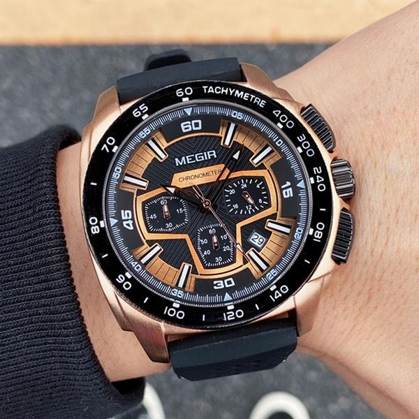

wristwatches megir mens watches 30m waterproof silicone strap quartz movement wristwatch business sport chronograph luminous reloj hombre, Slivery;brown
