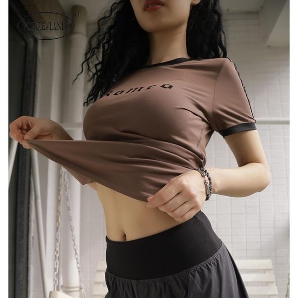 

women's t-shirt 2021 slim solid color running fitness printed letters quick-drying training short sleeve shirt top, White