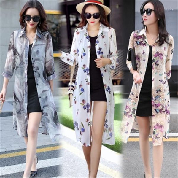 

women's sweaters 2021 summer sun protection women long blouses super thin floral chiffon cardigan half sleeve loose flower print blouse, White;black
