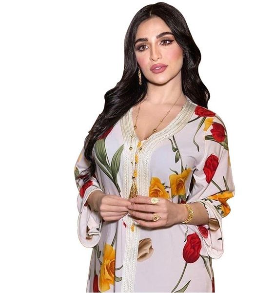 

ethnic clothing floral printing women elegant muslim style dresses 2021 summer v-neck full sleeve straight ankle-length dress arrivals, Red