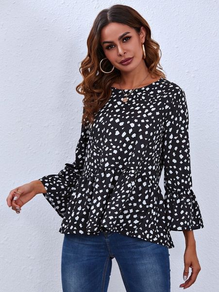 

keyhole back allover print peplum h4eb#, White