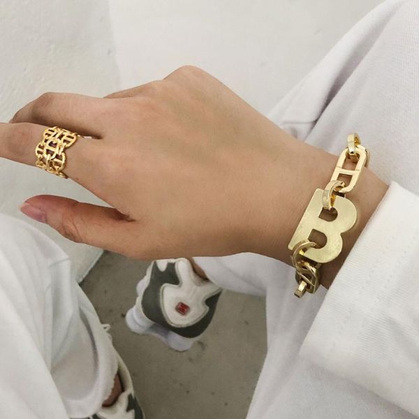 

link, chain trendy punk design gold color metal letter b bracelets for women thick link bracelet fashion jewelry gift, Black