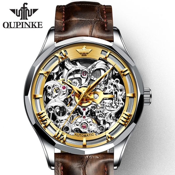

oupinke luxury mechanical bottom leather wristwatches for men waterproof 50m hollow dial silver golden watch face with case go to diver and, Slivery;brown