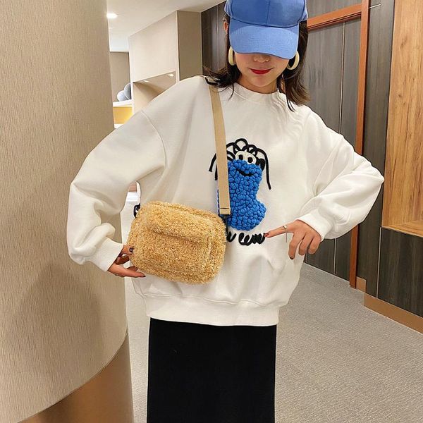 

evening bags women's fashion solid color crossbody bag winter fluffy plush shoulder handbags portable small square street travel tote