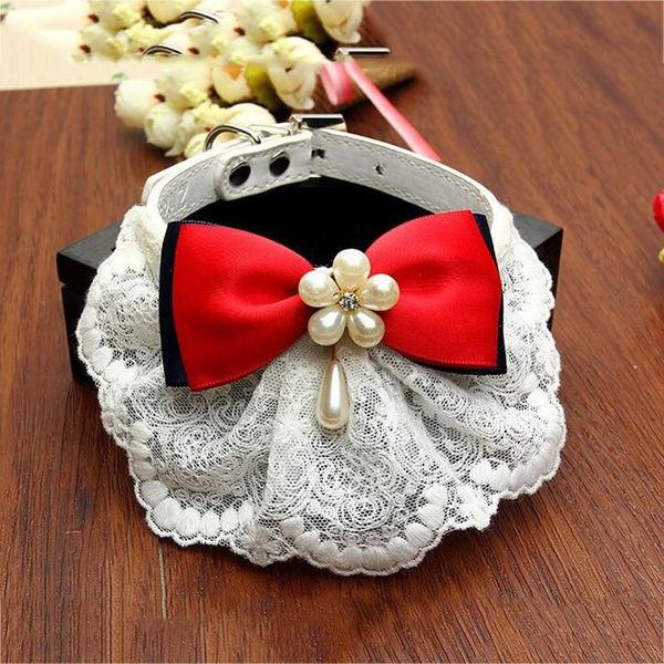

new design red bows rhinestone dog collar white lace bibs adjustable leather pet collar supplies for small cats chihuahua teddy