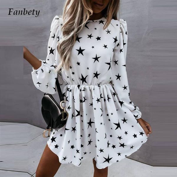 

casual dresses fashion star print elastic waist party dress women o neck loose a-line mini 2021 autumn elegant vestido, Black;gray