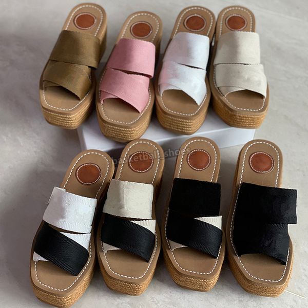 Женские дизайнерские сандалии на платформе Woody Wedge Heel Mules Glyn Espadrille Белая печать Письмо Холст Плоские тапочки Мокасины Резиновая подошва