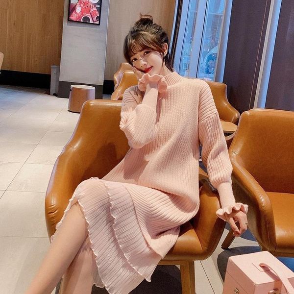 

casual dresses autumn winter pleated mesh patchwork knitted dress women long sleeve fashion turtleneck sweater midi female, Black;gray