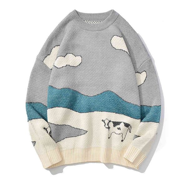 

women's sweaters brand men's clothing cows grassland pattern printing designer winter vintage oversized knit pullover coats 4nvs, White;black