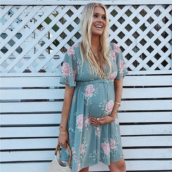 

maternity dresses summer fashion casual women short sleeve pregnant dress flower clothes pregnancy, White