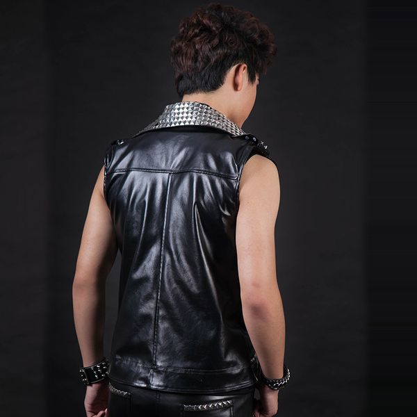 

black rivet pu leather jacket fur leather sleeveless vest coat tide male singer dj rock dancer dance costume bar stage clothing, Black;red