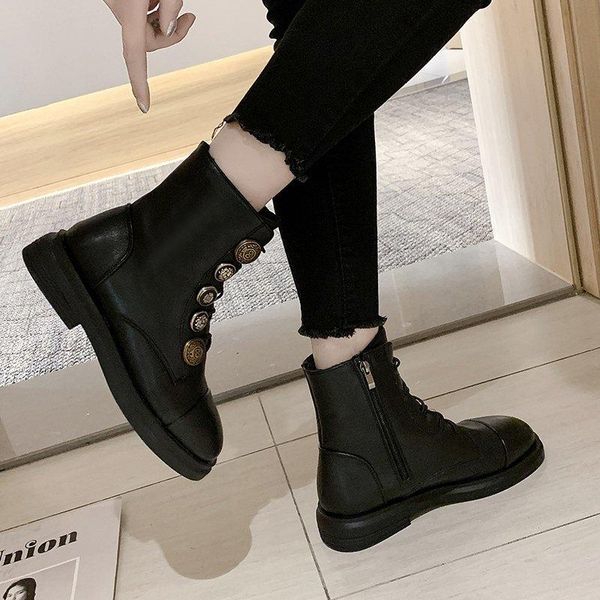 

boots women motorcyle 2021 autumn winter shoes lace up casual shoe female metal riding booties low heels botas mujer black 8440g