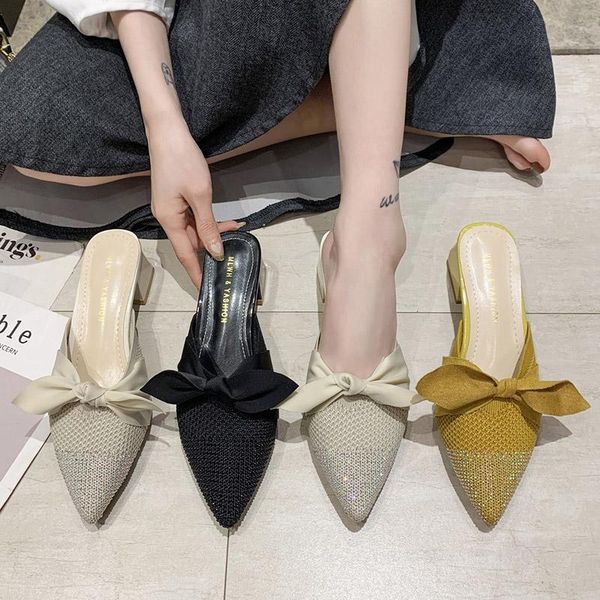 

2021 spring summer women knitting slippers bling bow slides woman shoes hollow breathable ladies high heels casual shoes 9009n, Black