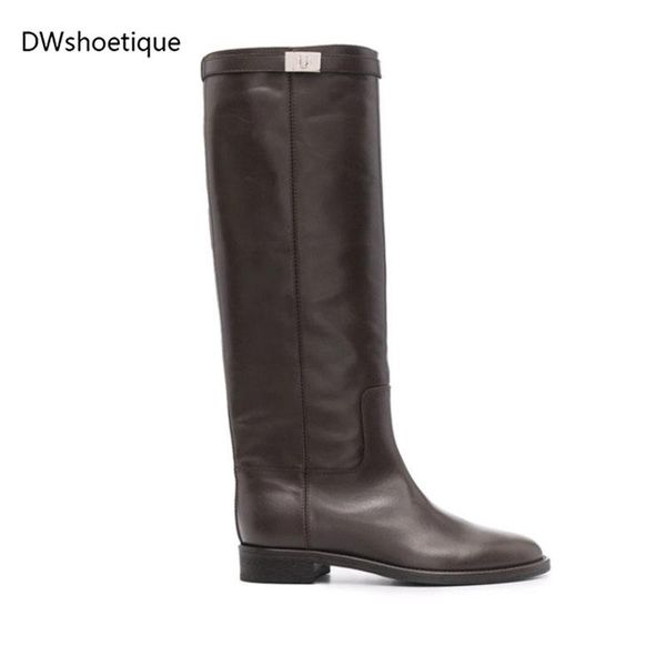 

boots genuine leather women knee chunky heel lock long, Black