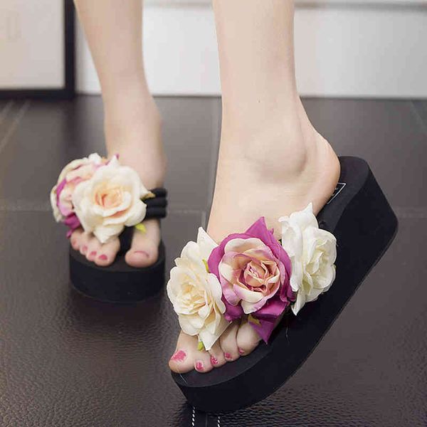 

women summer slippers flowers decoration female flip flops thick sol egg flip-flops bohemia beach girls sho, Black