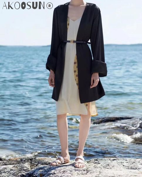 

women's jackets black lisboa coat oversized fastening with ties front v-neck fashion overcoat 2021fall, Black;brown