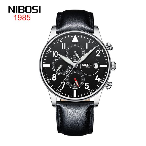 

7 style nibosi cross-border casual men's watch waterproof luminous multifunctional watch leather quartz men's watch black dail sil, Slivery;brown