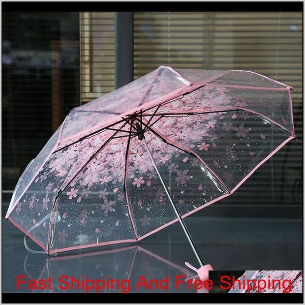 

100pcs/lot transparent clear umbrella handle windproof 3 fold umbrella cherry blossom mushroom apollo sakura women qylhni mj_bag