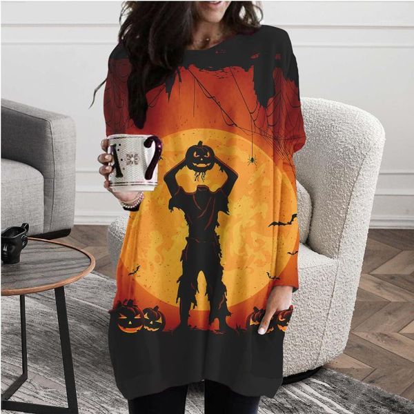 

casual dresses women fashion dress printed halloween cool spring autumn long sleeveo-collar loose with pockets pullover clothes, Black;gray