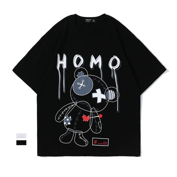 

summer large round neck short harajuku cartoon bear casual half sleeve t-shirt youth student loose cotton tee, White;black