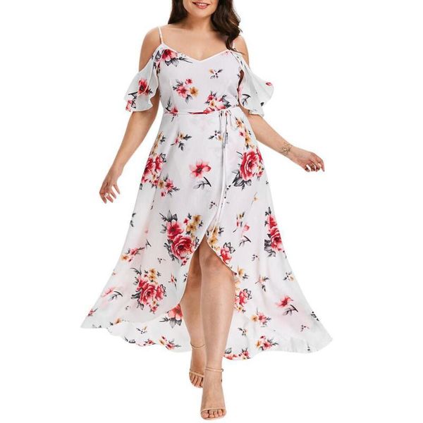 

party dresses summer fashion floral sling short-sleeved v-neck plus size womens dress casual loose bohemian strapless -40, White;black