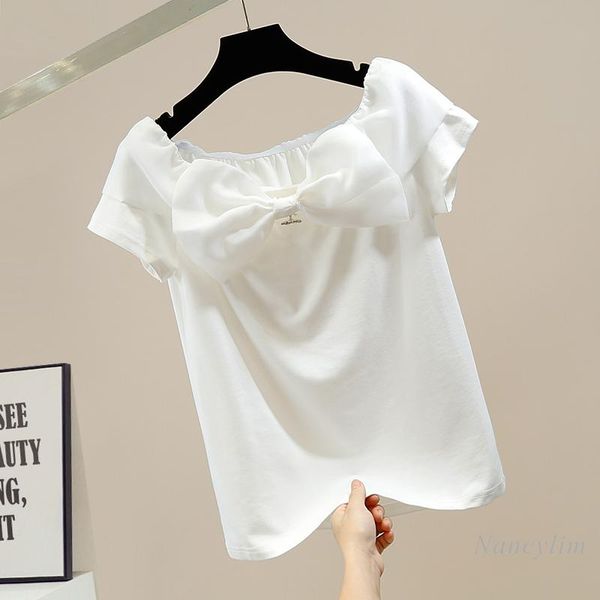 

women's blouses & shirts slash collar woman sweet tridimensional big bow decorative off-neck short sleeve shirt slim fit lady chic blus, White