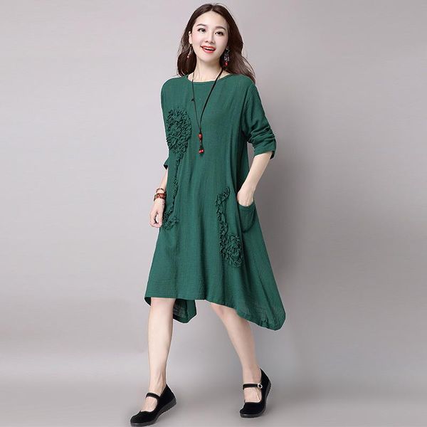 

casual dresses 2021 spring autumn vintage long sleeve stereo embroidery ethnic loose cotton linen women summer dress vestidos robe, Black;gray