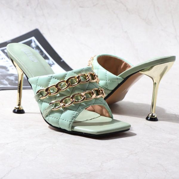 

dress shoes women slippers sandals heel heels female summer metal chain ladies slipper fashion outdoor casual slides mules, Black