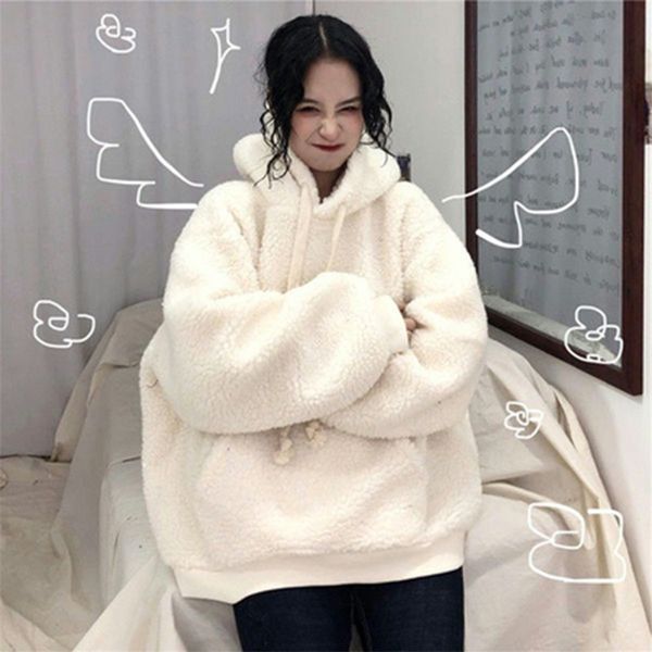 

2021 korean version new winter loose warm pullover women's chic hooded solid color thickened plush coat, Black