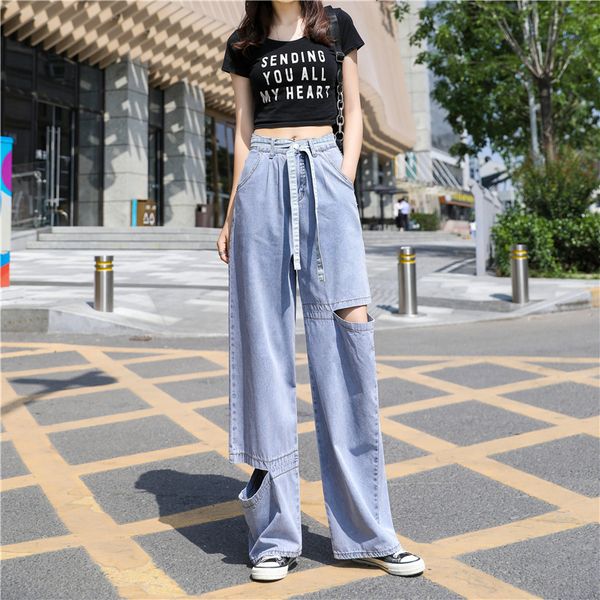 

2021 new woman jeans ripped clothes high waisted summer baggy wide leg vintage fashion stretch harajuku straight pants gemz, Blue