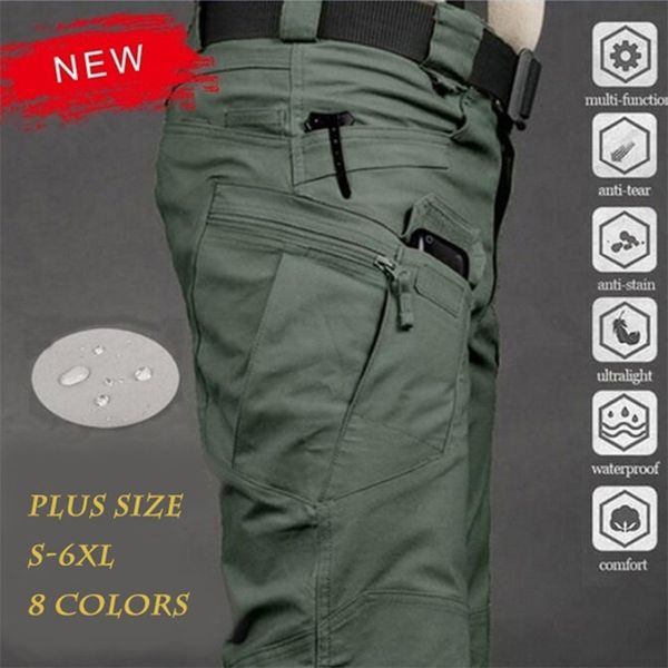 S-6XL homens calças de carga casuais impermeável caminhadas ao ar livre trekking exército cana tático camo militar multi bolso macho calças 210715